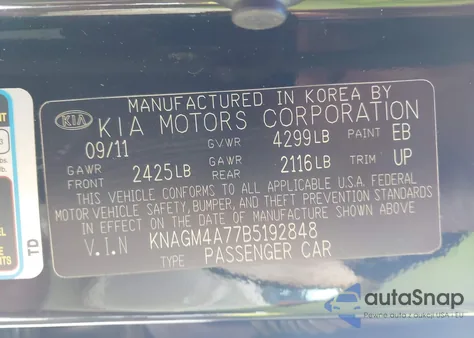 2011 Kia Optima Lx z USA, uszkodzony, nr VIN KNAGM4A77B5192848